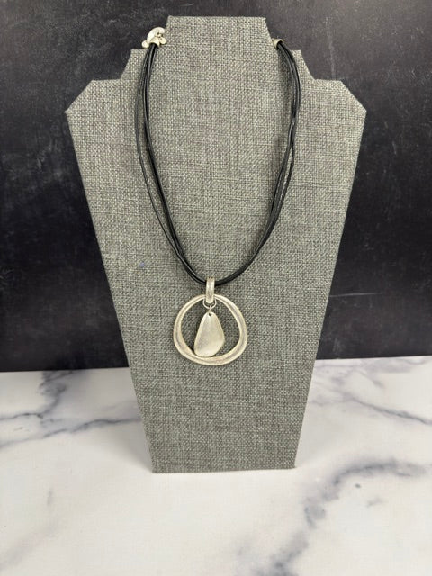 VINTAGE BLACK CORD SILVER TONE IRREGULAR ORB PENDANT NECKLACE