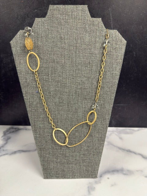ASYMMETRICAL MATTE GOLD TONE OVAL LINK NECKLACE WITH AMBER AND CLEAR BEADS