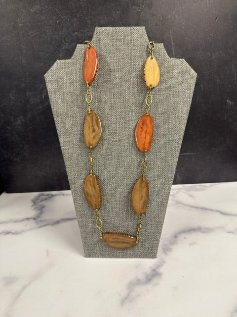 FLAPPER STYLE GOLD TONE NECKLACE - EARTHTONE BEADS WITH ANIMAL PRINT TRIM - 38"