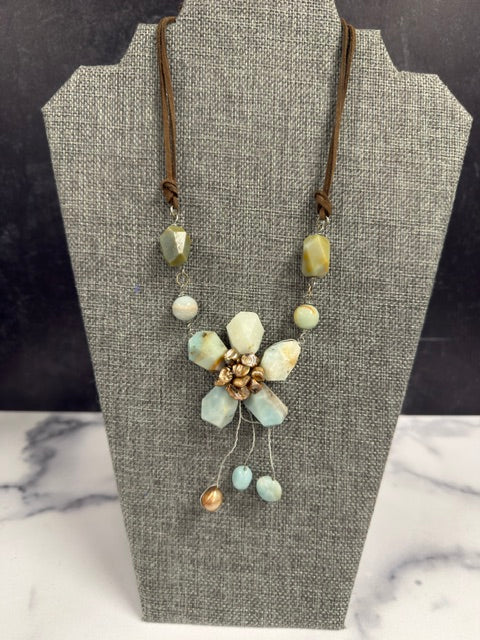 HANDCRAFTED BOHEMIAN STYLE AMAZONITE AND GOLD PEARL NECKLACE WITH LEATHER CORD