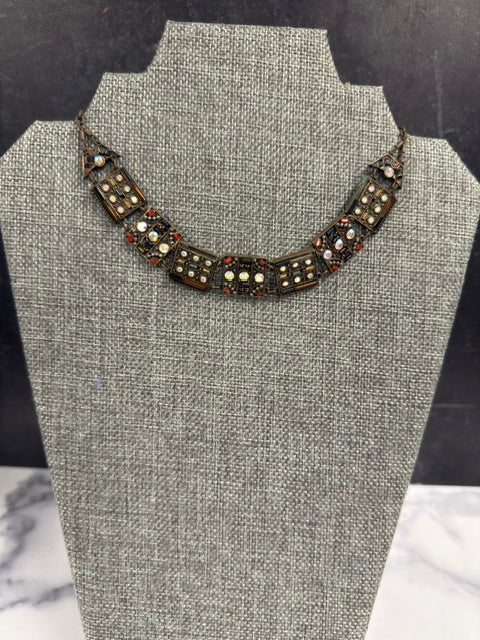VINTAGE ART DECO FILIGREE LINK AUSTRIAN CRYSTAL BRONZE TONE COLLAR NECKLACE