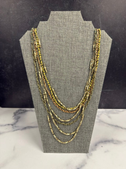 MULTI STRAND MIXED METAL BEADS AND BRAIDED TWINE 21" NECKLACE