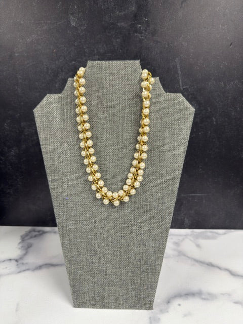 VINTAGE NAPIER WHITE DOUBLE ROW FAUX PEARLS GOLD TONE 25" NECKLACE