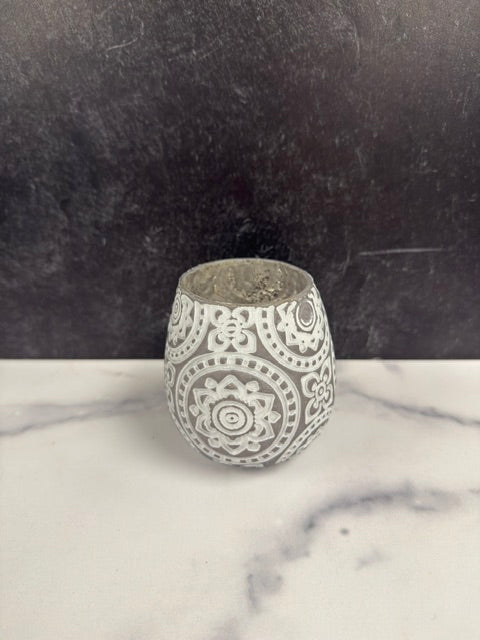 MERCURY GLASS ETCHED MANDALA VOTIVE CANDLE HOLDER