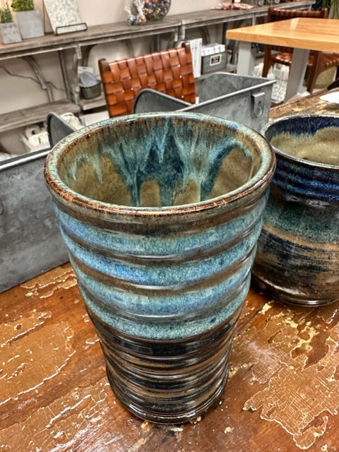 STUDIO WEST POTTERY HANDCRAFTED VASE - BROWN/BLACK AND BLUES - TALL