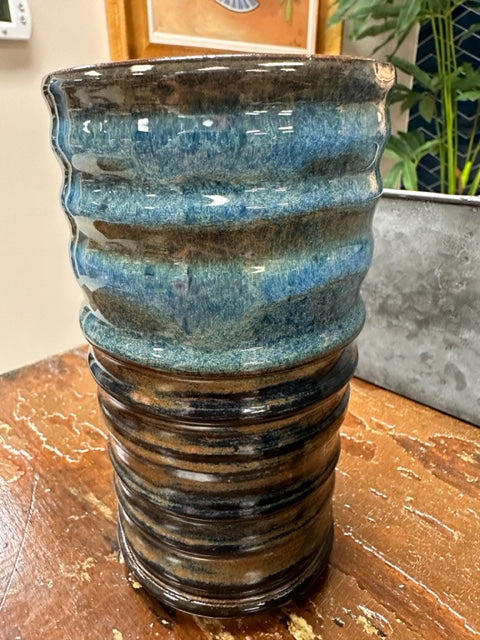 STUDIO WEST POTTERY HANDCRAFTED VASE - BROWN/BLACK AND BLUES - TALL