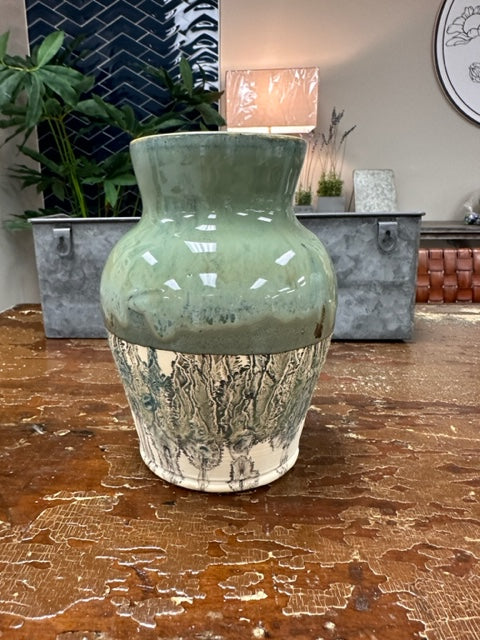 STUDIO WEST POTTERY HANDCRAFTED VASE - GREEN GLAZE WITH NATURAL CLAY