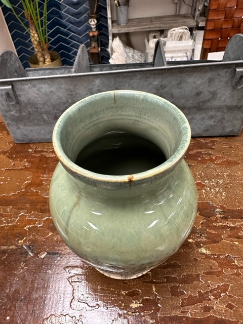 STUDIO WEST POTTERY HANDCRAFTED VASE - GREEN GLAZE WITH NATURAL CLAY