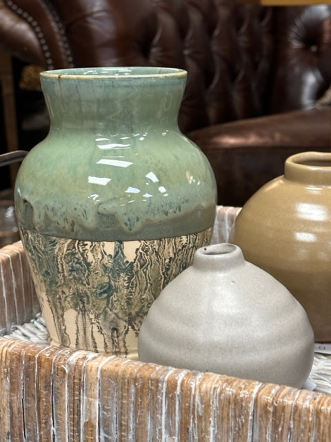 STUDIO WEST POTTERY HANDCRAFTED VASE - GREEN GLAZE WITH NATURAL CLAY