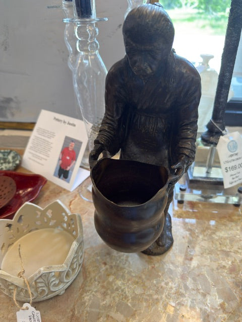 VINTAGE 12" BRONZE ASIAN MAN WITH WATER BUCKET SCULPTURE