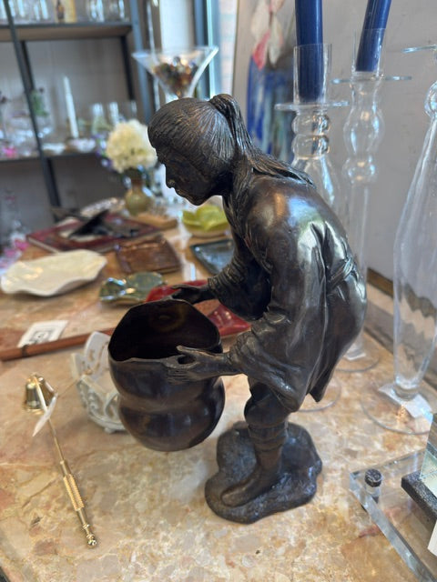 VINTAGE 12" BRONZE ASIAN MAN WITH WATER BUCKET SCULPTURE