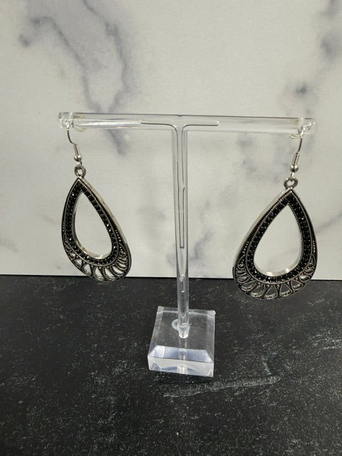 BLACK RHINESTONE SILVER-TONE TEARDROP EARRINGS