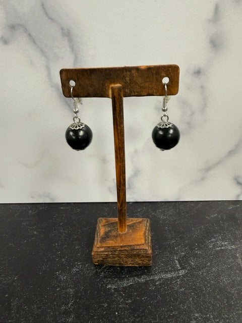 BLACK WOODEN BALL EARRINGS