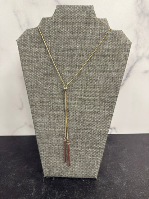 VINTAGE GOLD-TONE SLIDER LARIAT NECKLACE FEATURING SILVER-TONE GLIDING BEAD AND DUAL BAR DROP ENDS
