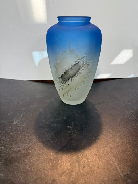 VINTAGE SCHOTT ZWIESEL AMBIENTE GERMAN BLUE & GOLD FROSTED SPLASH ART GLASS VASE
