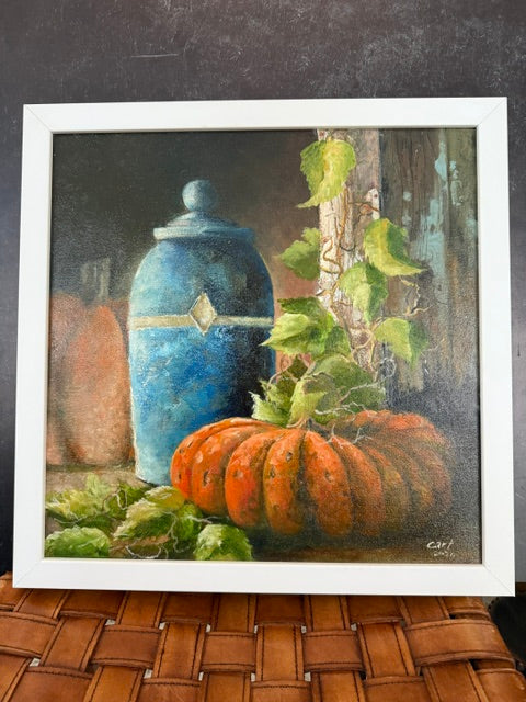 ORIGINAL ARTWORK BY GARY CART - "BLUE VASE W/PUMPKIN" 16" x 16"