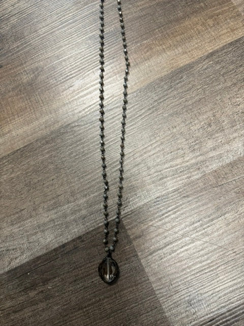 VINTAGE BRONZE BEADED CHAIN WITH CRYSTAL PENDANT NECKLACE