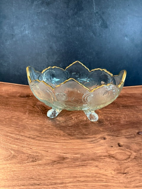 VINTAGE JEANNETTE GLASS CO. FOOTED LOMBARDI BOWL W/22KT GOLD