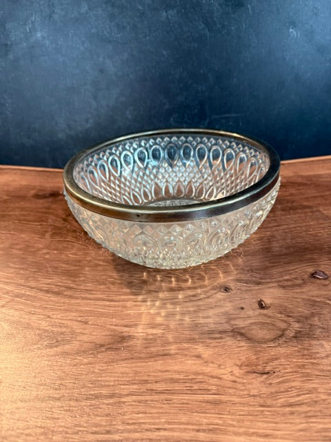 VINTAGE FALSTAFF PRESSED GLASS FRUIT BOWL W/SILVER PLATED RIM