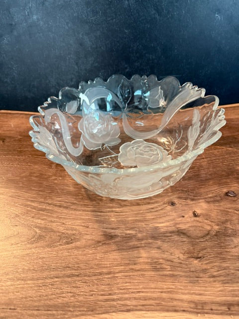 VINTAGE LAURA GLASS 11" ROSE GARDEN FRUIT BOWL