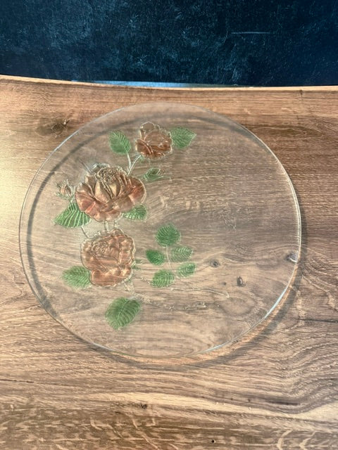VINTAGE LE SMITH GLASS CO. 13" ROSE PLATTER