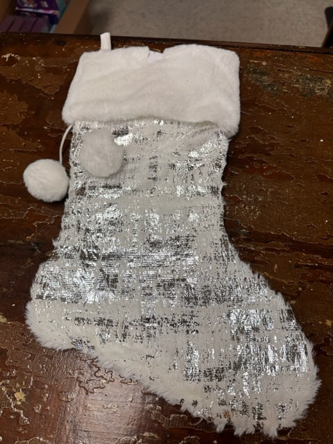 FLUFFY WHITE AND METALLIC SILVER CHRISTMAS STOCKING