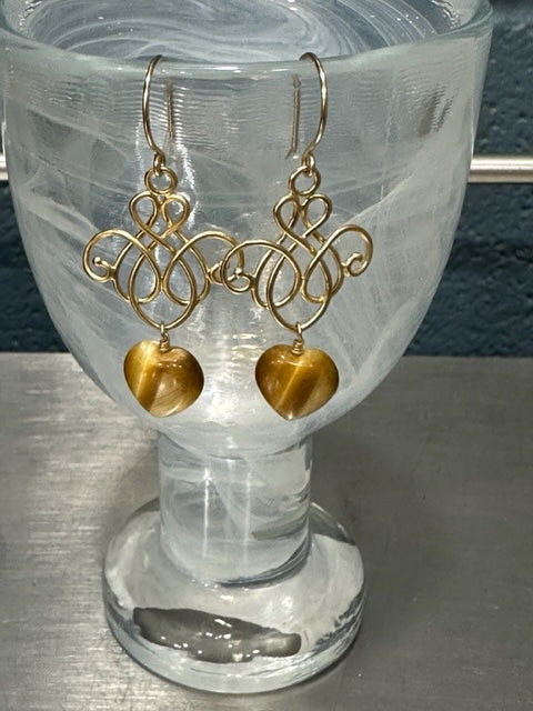 NANCY SCOFIELD JEWELRY - 14KT GOLD-FILL HANDMADE EAR WIRES WITH A GOLD CHANDELIER FINDING AND A HEART SHAPED TIGER'S EYE GEM EARRINGS