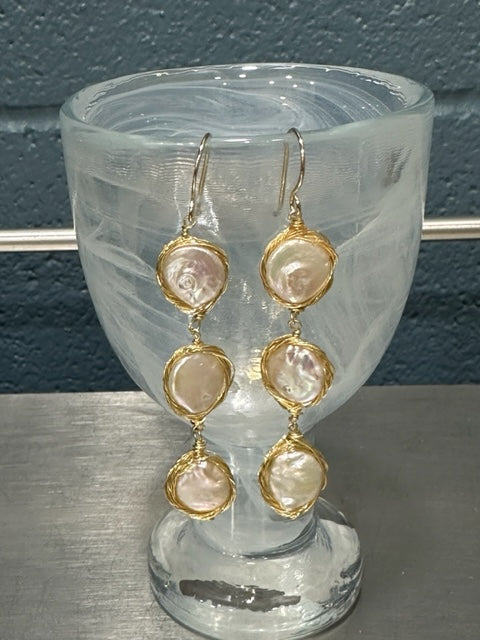 NANCY SCOFIELD JEWELRY - 14KT GOLD-FILL HANDMADE EAR WIRES WITH 3 GOLD WRAPPED FRESHWATER PEARL EARRINGS