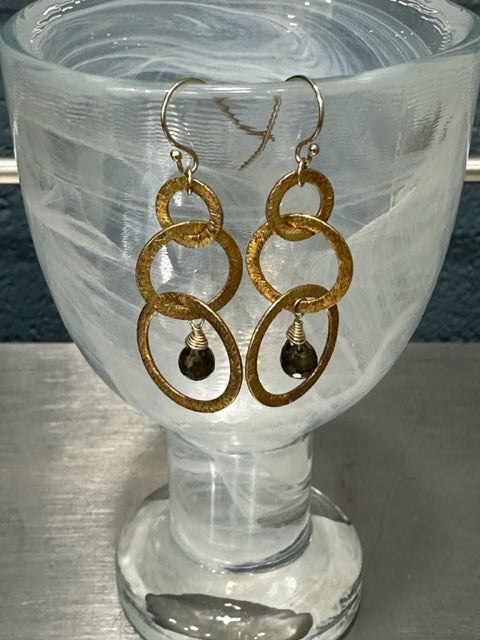 NANCY SCOFIELD JEWELRY - 14KT GOLD-FILL HANDMADE EAR WIRES WITH 3 VERMEIL GOLD RINGS AND A LABRADORITE DANGLE GEM EARRINGS