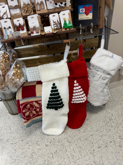 HAND KNITTED CHRISTMAS TREE STOCKING