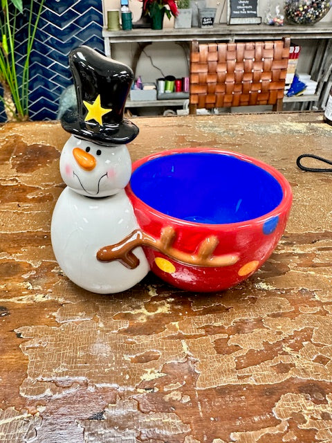 SNOWMAN APPETIZER DISH WITH SPREADER