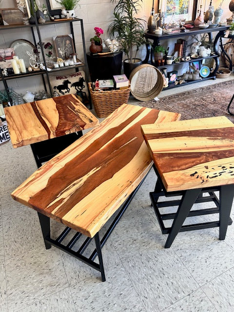 HAND-MADE WOOD & RESIN TABLES - BOX ELDER (MAPLE) WITH BLACK IRON BASE - ASSORTED