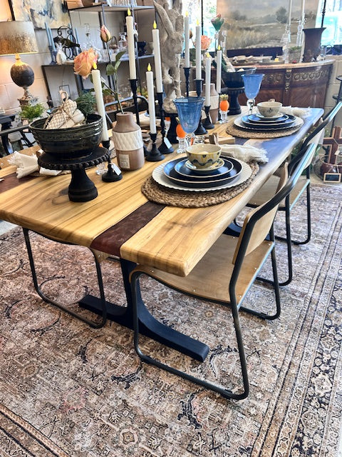 HAND-MADE WOOD AND RESIN TABLES - RAINBOW POPLAR W/CHAMFERED EDGE AND BLACK IRON BASE 66 1/2" x 38 1/4" x 30"T