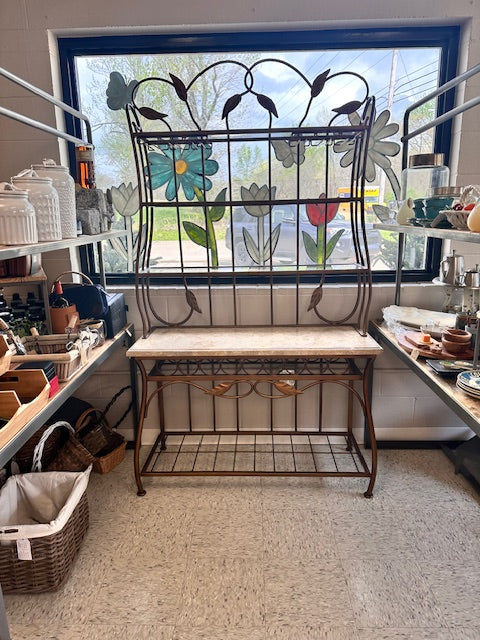 VINTAGE BAKER'S RACK WITH COPPER/GOLD BRONZE FINISH LEAF MOTIF AND MARBLE TOP