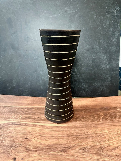 BLACK AND WHITE STRIPED HAND CARVED WOOD VASE 4.5" DIA x 11.5"T