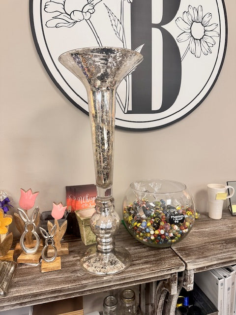 27.5" T x 11"W MERCURY GLASS TRUMPET VASE