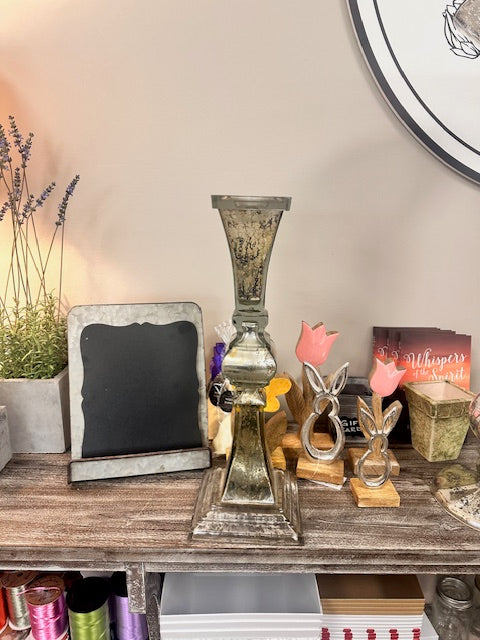 18" TALL MERCURY GLASS CANDLESTICK HOLDER