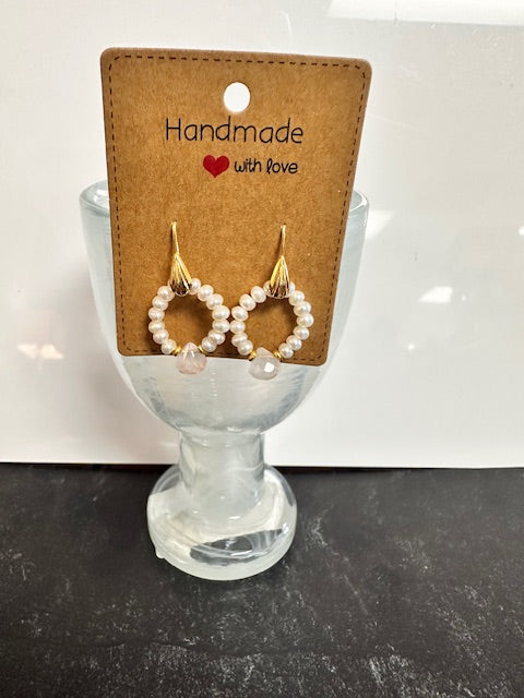 JANNIES JEWELS - EARRINGS 39 ROSE QUARTZ AND PEARL HOOP GOLD PLATED