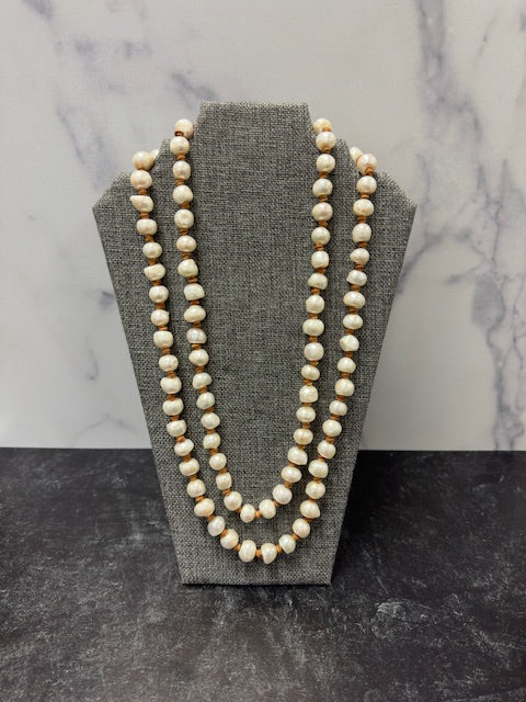 NANCY SCOFIELD 53" LARGE WHITE FRESHWATER BAROQUE PEARL & LEATHER NECKLACE