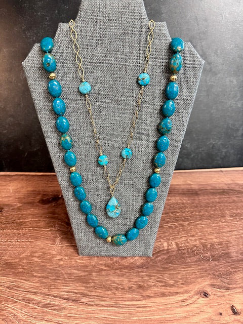 NANCY SCOFIELD JEWELRY - 36" MOSAIC TURQUOISE W/ 8MM SHINY GF BEADS