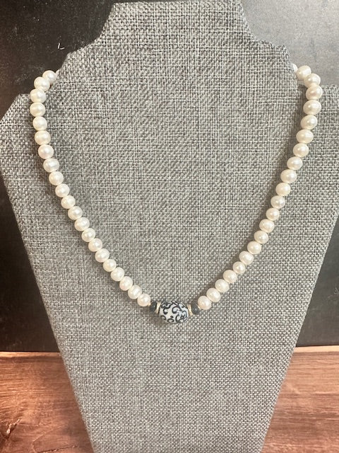 JANNIES JEWELS - NECKLACE 98 PEARL, LAPIS & BLUE & WHITE PORCELAIN BEAD