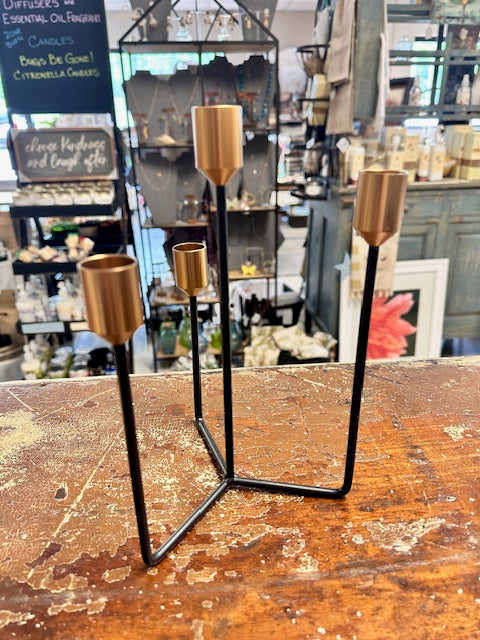 MODERN BLACK AND BRASS GOLD 4 TAPER CANDELABRA