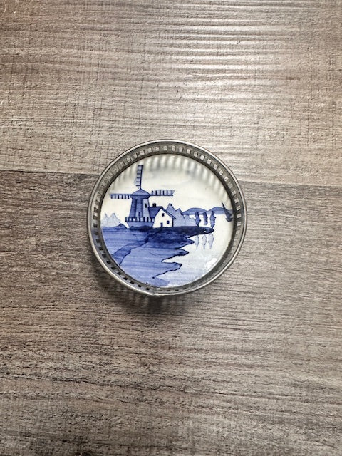 VINTAGE GERMAN  STERNAUWARE DELFT BLUE HOLLAND WINDMILL PORCELAIN WITH SILVERPLATED RIM COASTERS