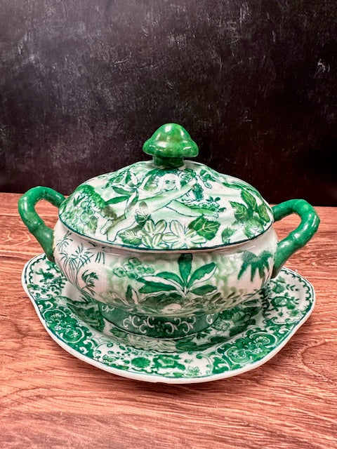 ANTIQUE CHINESE PORCELAIN GREEN & WHITE COVERED DISH WITH SAUCER