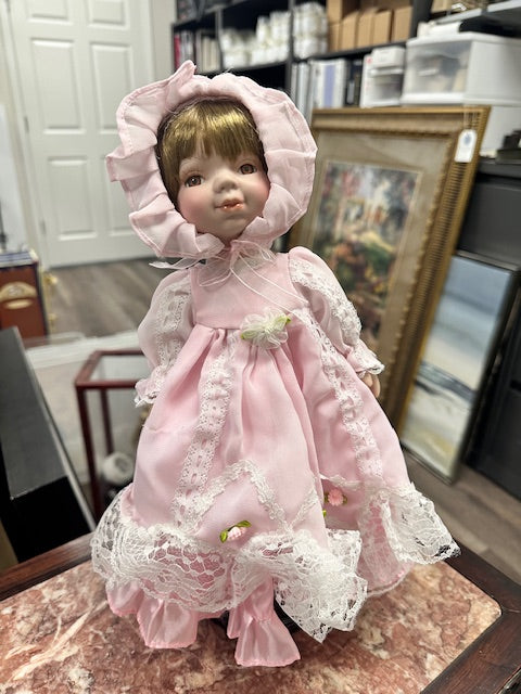 VICTORIAN PORCELAIN DOLL IN PINK DRESS AND BONNET