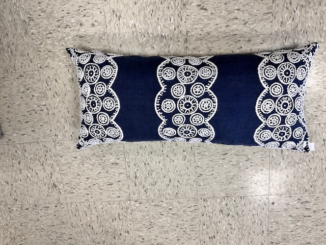 NAVY AND WHITE EMBROIDERED LUMBAR PILLOW 16" x 34"
