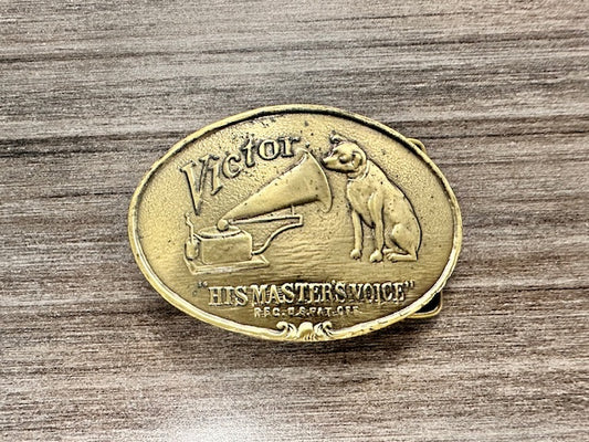 VINTAGE 1970S VICTOR "HIS MASTER'S VOICE" BRASS RCA BELT BUCKLE