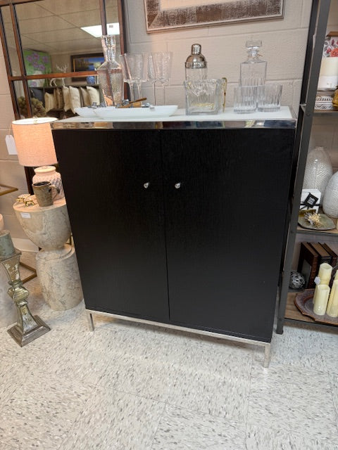 MITCHELL + GOLD ESPRESSO BAR CABINET WITH WHITE GLASS TOP AND CHROME DETAILS