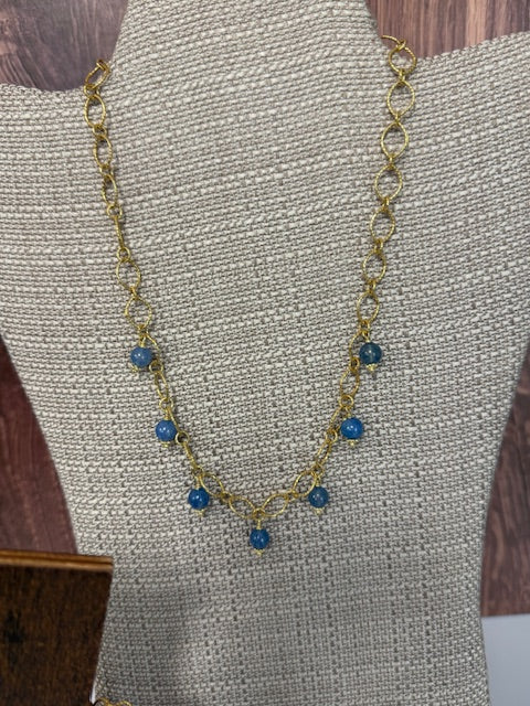 ABW DESIGNS GOLD VERMEIL TEXTURED OVAL LINK CHAIN W/ BLUE MYSTIC CHALCEDONY DROPS 18" NECKLACE