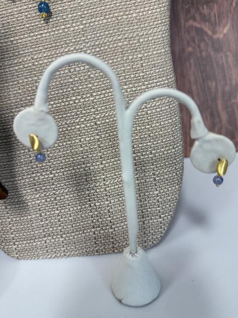 ABW DESIGNS GOLD VERMEIL BRUSHED OVAL WITH BLUE CHALCEDONY EARRINGS